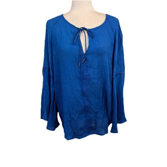 Counterparts Peasant Blouse Size Large Long Blue Bell Sleeve Boho Lightweight - Picture 1 of 13